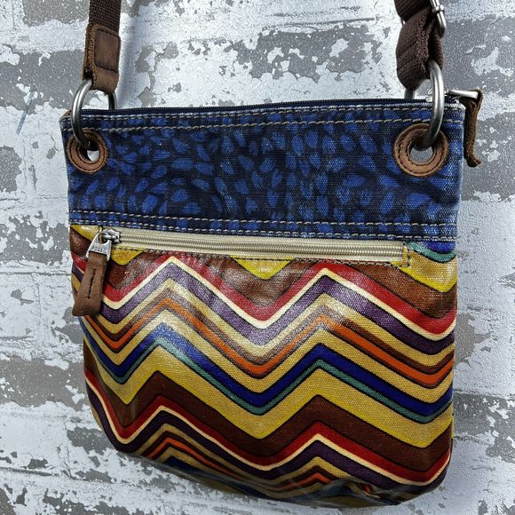 Fossil Key-Per Crossbody Bag Coated Canvas Aztec Chevron Print Blue Denim Trim‎ - Picture 3 of 16